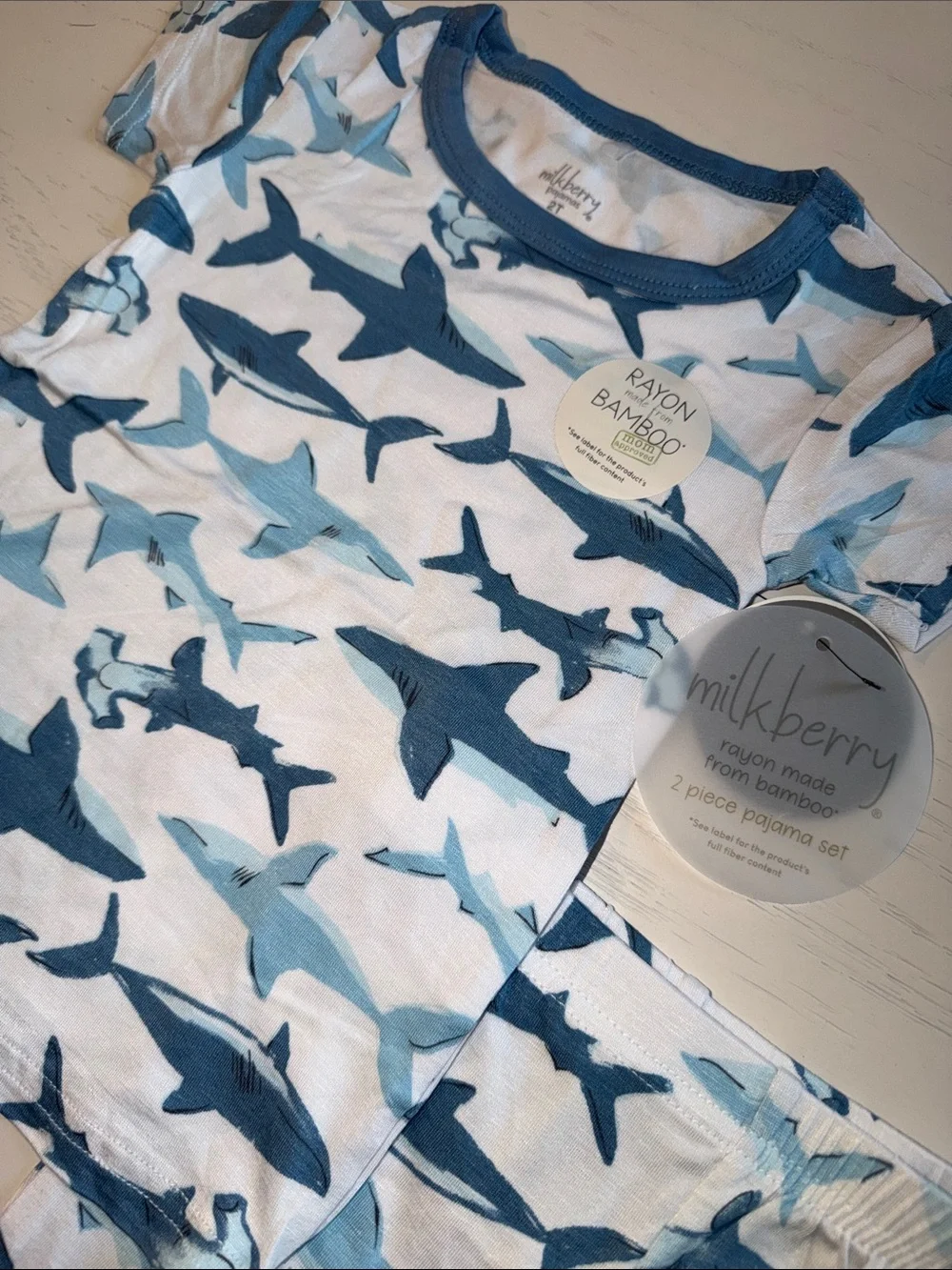 Milkberry Blue Shark Print Shorts Kids Pajama Set 4T 5T